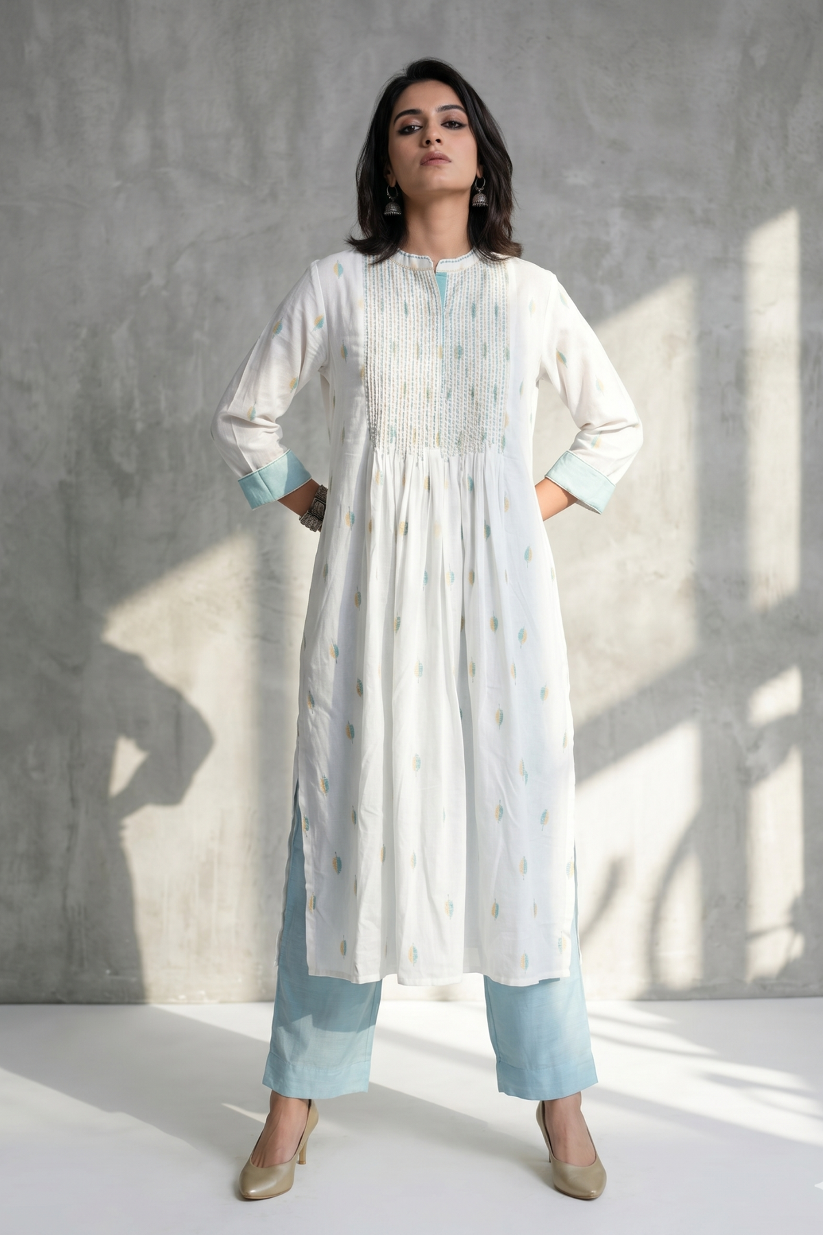 Sunleaf White Long Pintuck Yoke Kurta Top With Slit