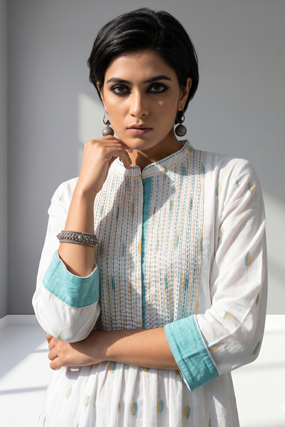 Sunleaf White Long Pintuck Yoke Kurta Top With Slit
