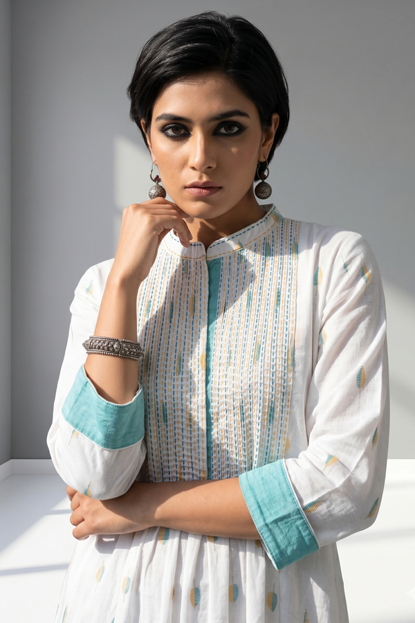 Sunleaf White Long Pintuck Yoke Kurta Top With Slit