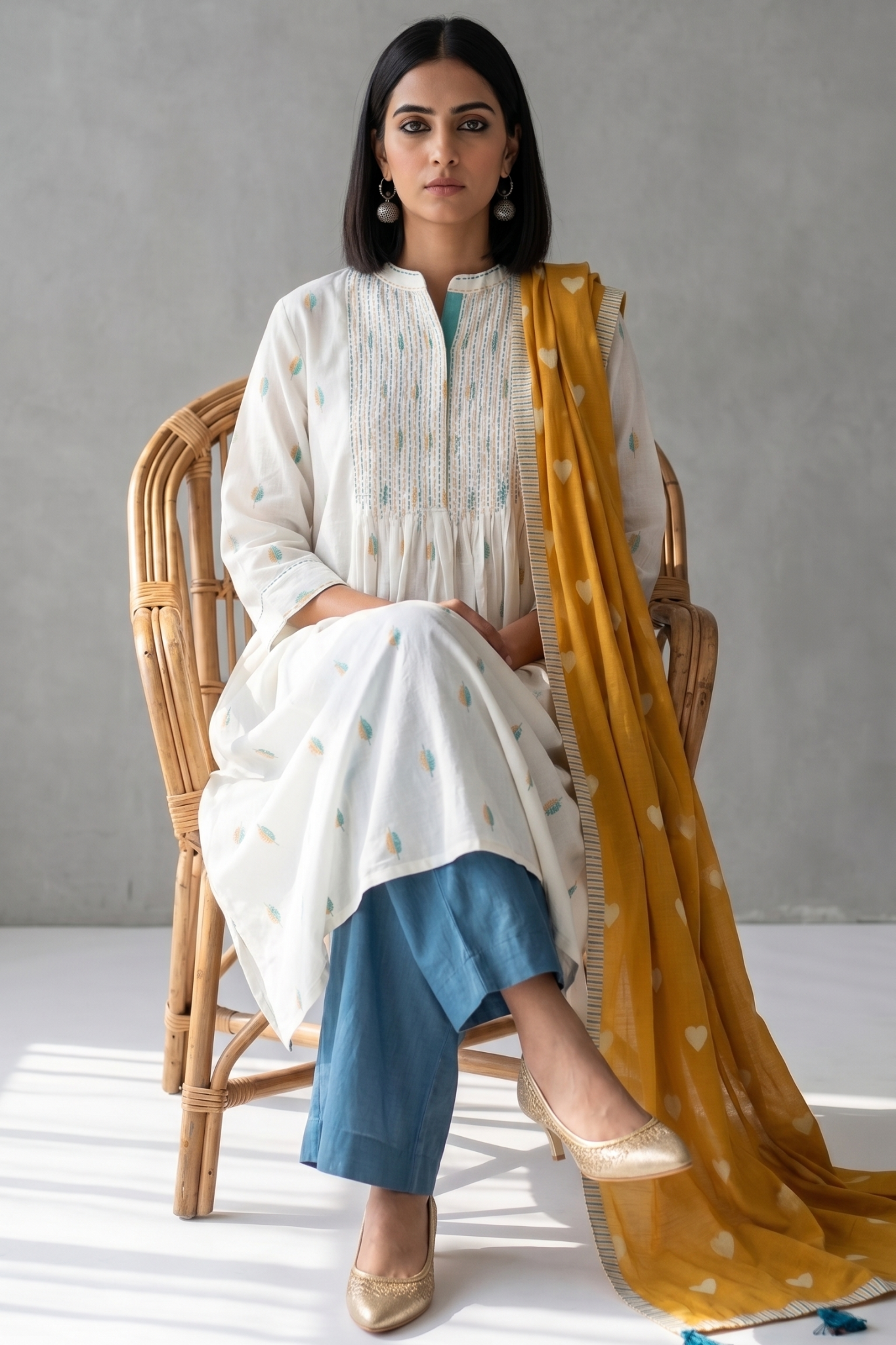 Sunleaf White Long Pintuck Yoke Kurta Top With Slit