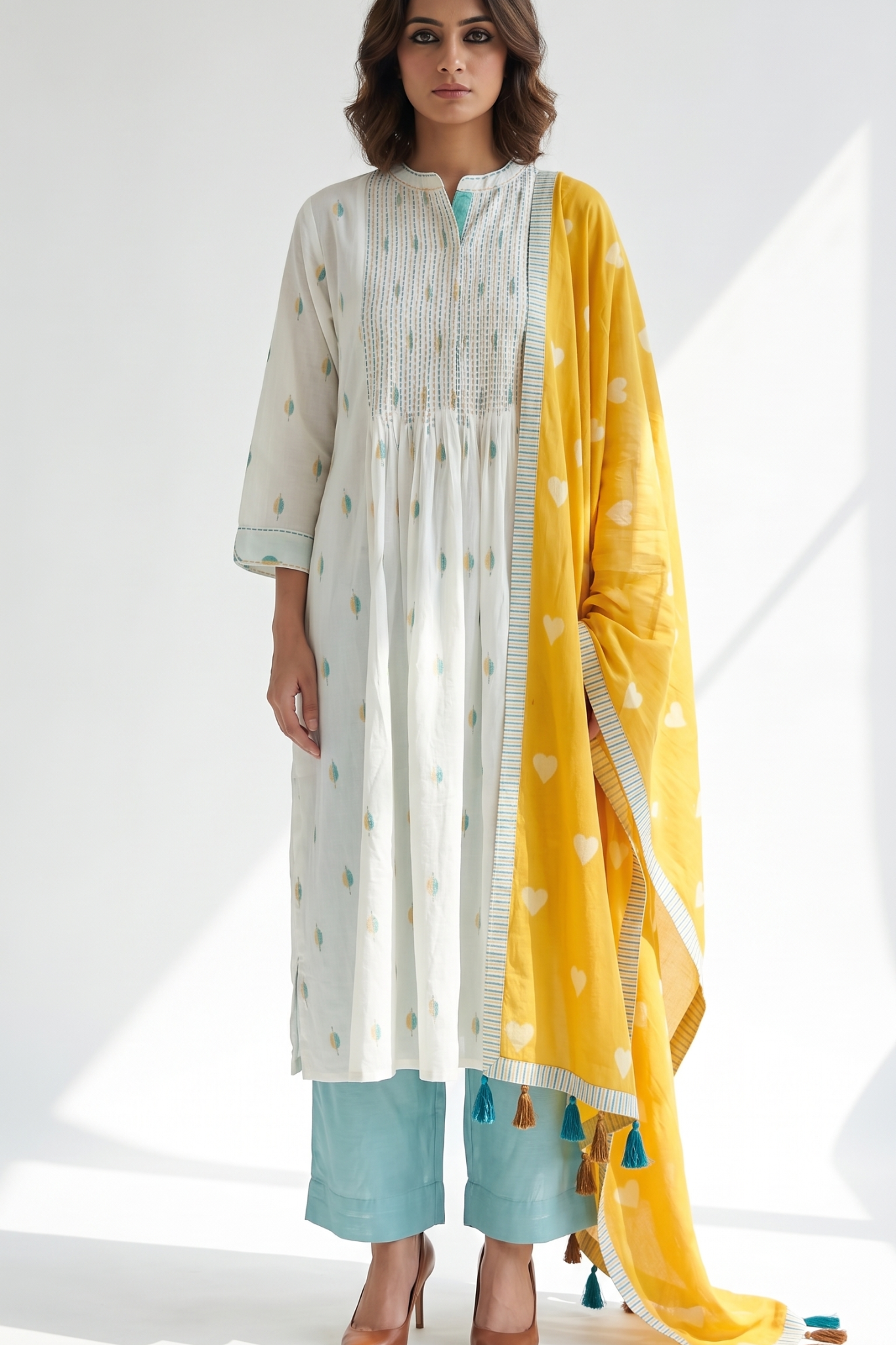 Sunleaf White Long Pintuck Yoke Kurta Top With Slit