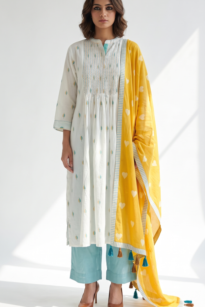 Sunleaf White Long Pintuck Yoke Kurta Top With Slit