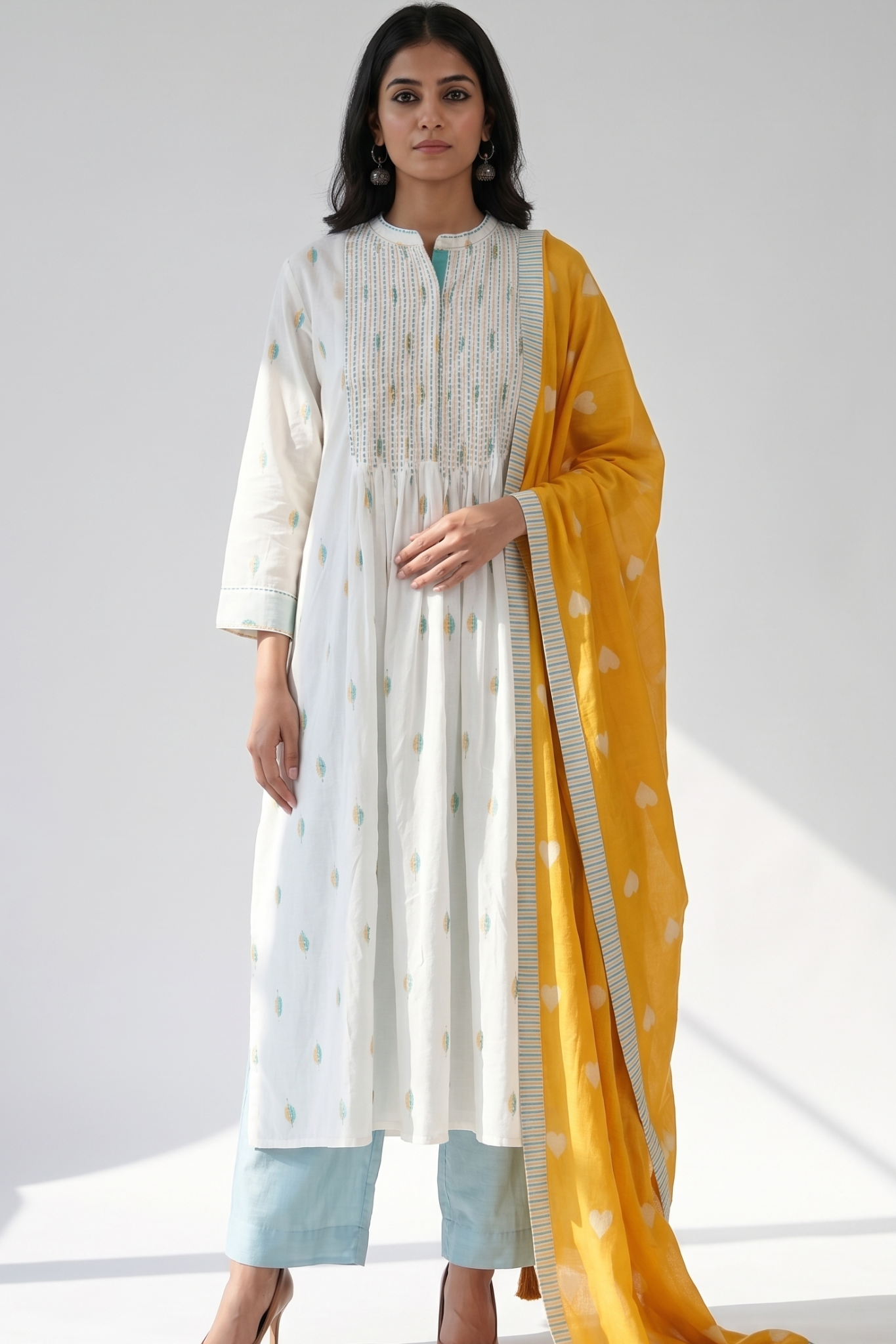 Sunleaf White Long Pintuck Yoke Kurta Top With Slit