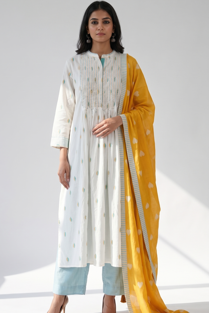 Sunleaf White Long Pintuck Yoke Kurta Top With Slit