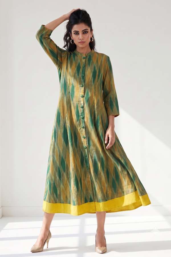 Sunlit Forest Ikat Long Maxi Button Cotton Down Dress