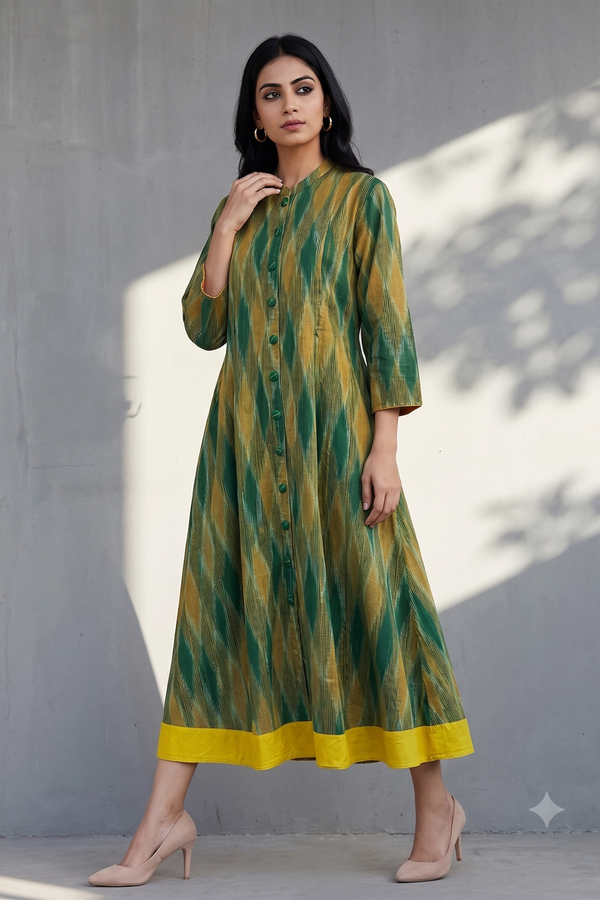 Sunlit Forest Ikat Long Maxi Button Cotton Down Dress