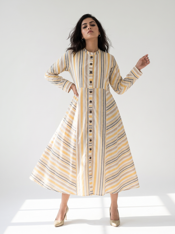 Sunstone Stripes Cotton Flared Panel Midi Dress