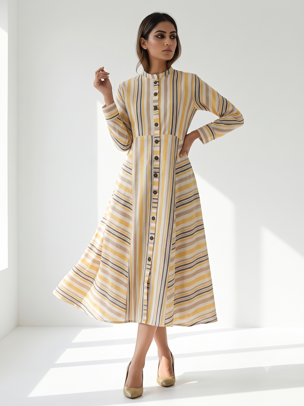 Sunstone Stripes Cotton Flared Panel Midi Dress