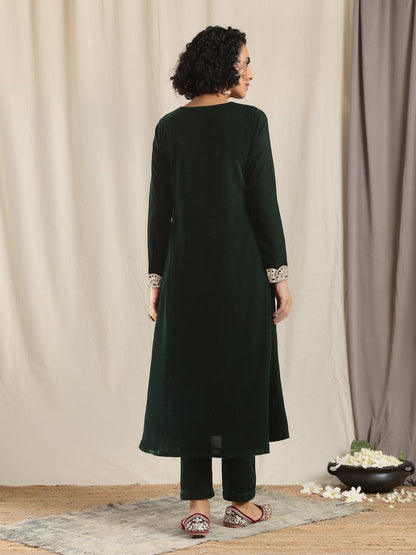 Green Velvet Flared Gota Kurta - trueBrowns