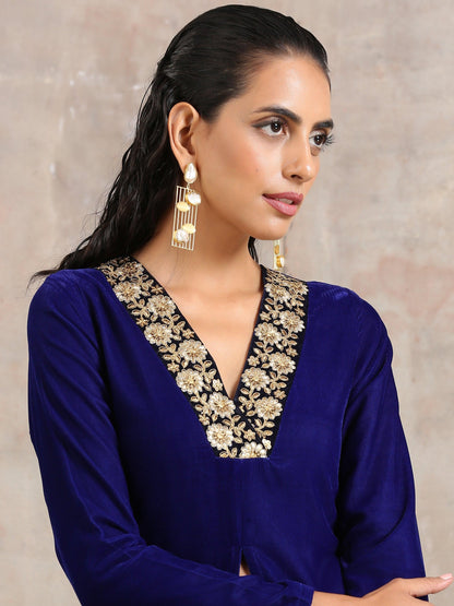 Blue Velvet Front Slit Kurta - trueBrowns
