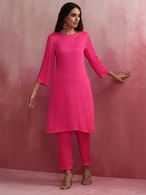 trueBrowns Pink Modal Round Neck Kurta Co-ord Set