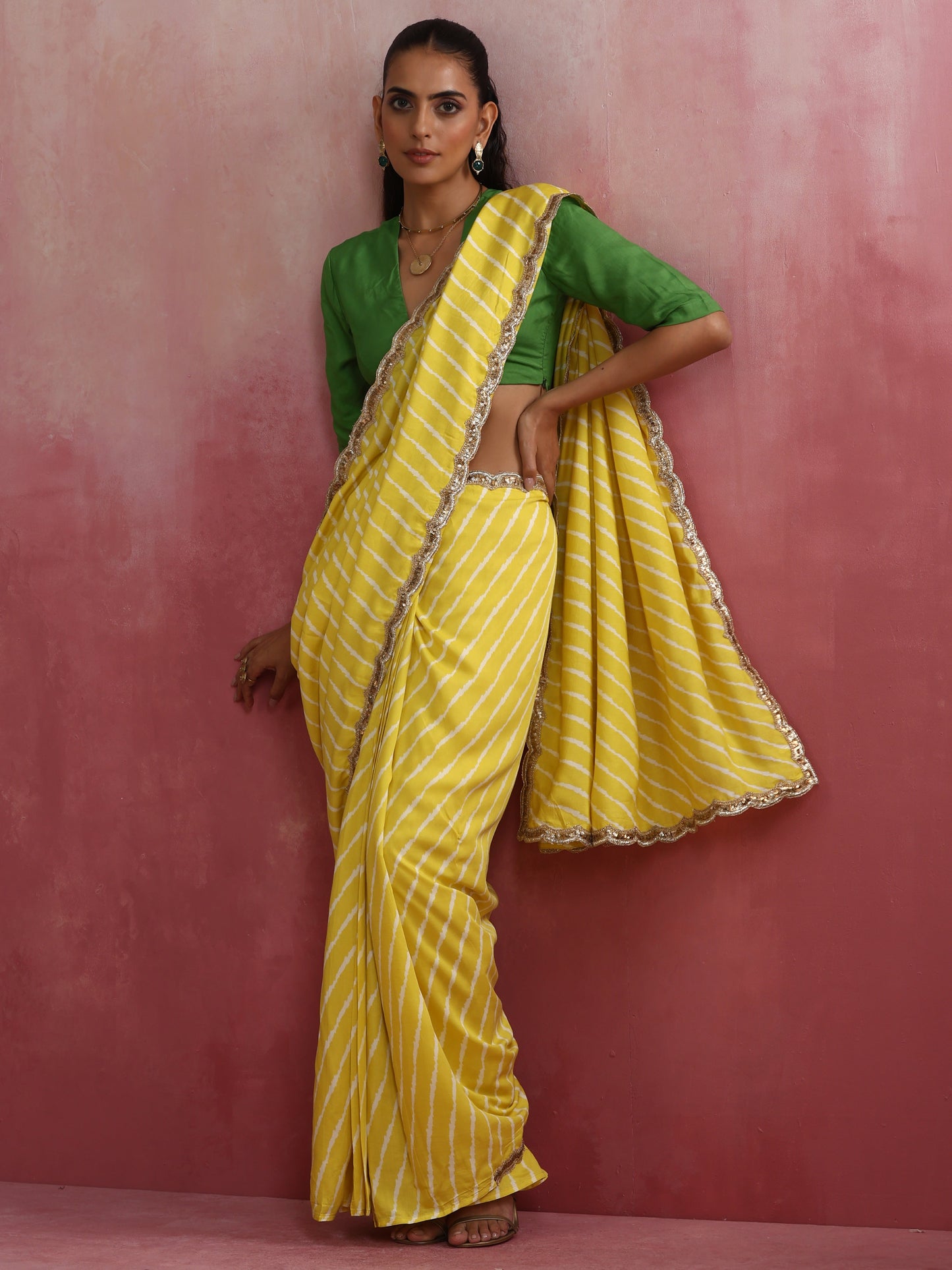 trueBrowns Lime Muslin Silk Ready To Wear Saree