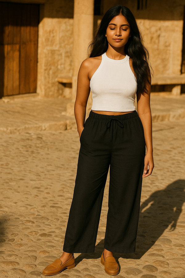 trueBrowns Black Cotton Blend Elasticated Drawstring Straight Pants