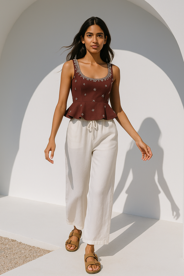 trueBrowns White Cotton Blend Elasticated Drawstring Straight Pants