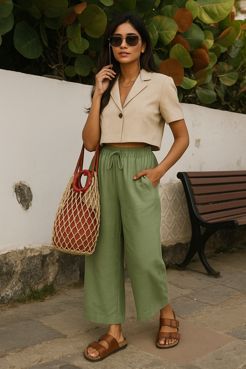 trueBrowns Mint Green Cotton Blend Elasticated Drawstring Straight Pants