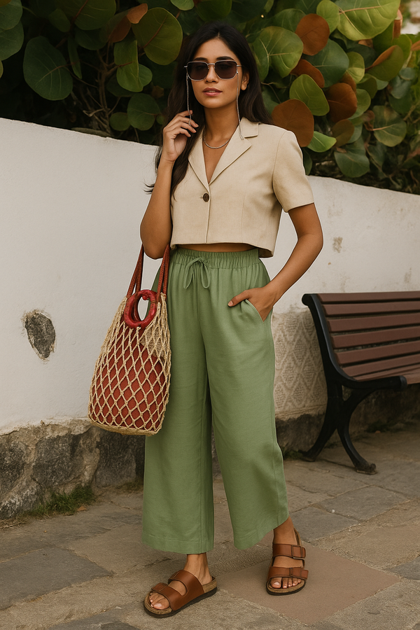 trueBrowns Mint Green Cotton Blend Elasticated Drawstring Straight Pants