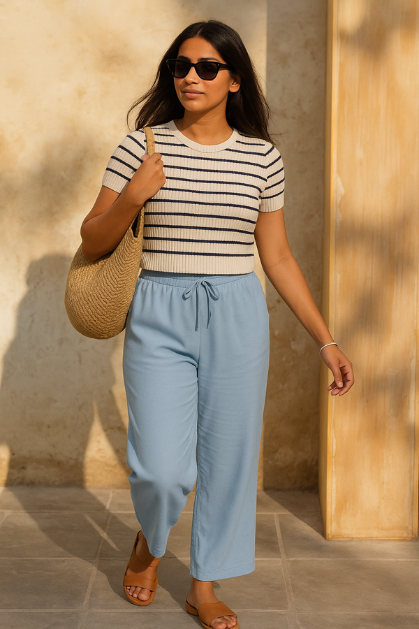 trueBrowns Light Blue Cotton Blend Straight Drawstring Pants
