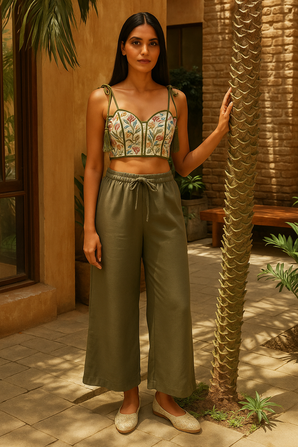 trueBrowns Olive Cotton Blend Elasticated Drawstring Straight Pants