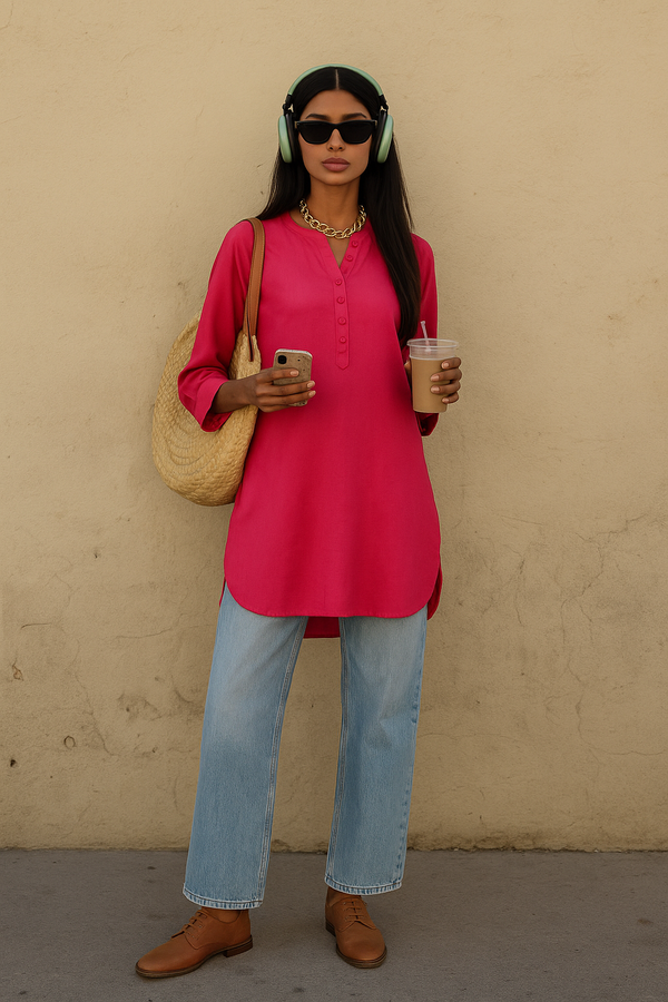 trueBrowns Fuchsia Cotton Blend Short Kurta