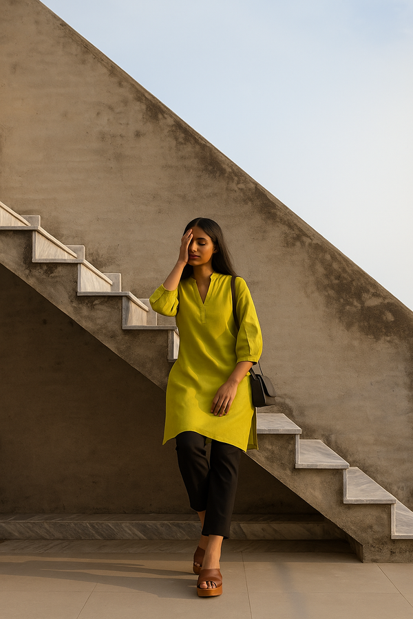 trueBrowns Green Cotton Blend Short Kurta