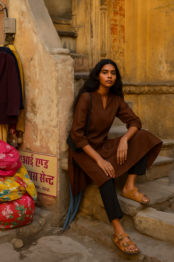 trueBrowns Brown Cotton Blend Short Kurta