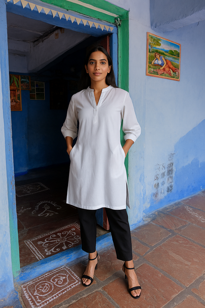 trueBrowns White Cotton Blend Short Kurta