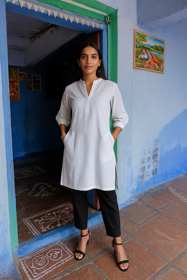 trueBrowns White Cotton Blend Short Kurta