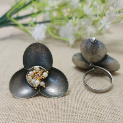 Triya  Silver Look Alike Kundan Studded Ring