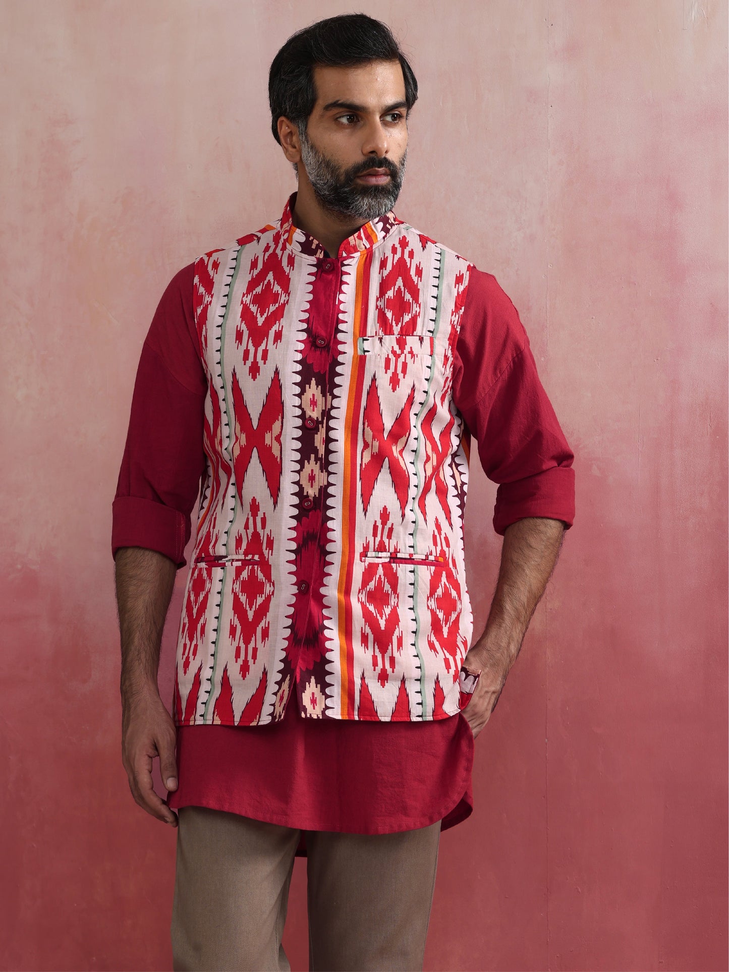trueBrowns Men's Maroon Ikat Reversible Nehru Jacket