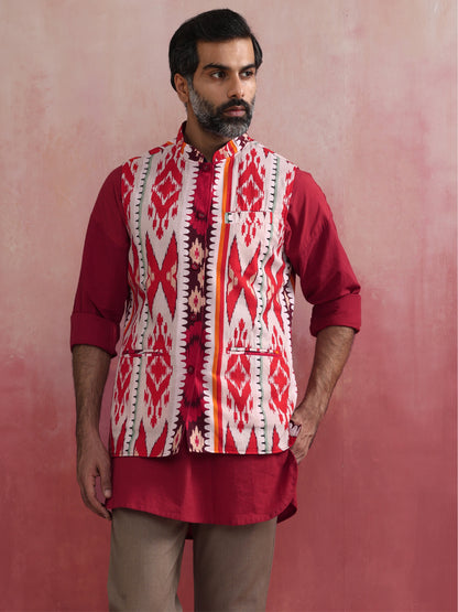 trueBrowns Men's Maroon Ikat Reversible Nehru Jacket