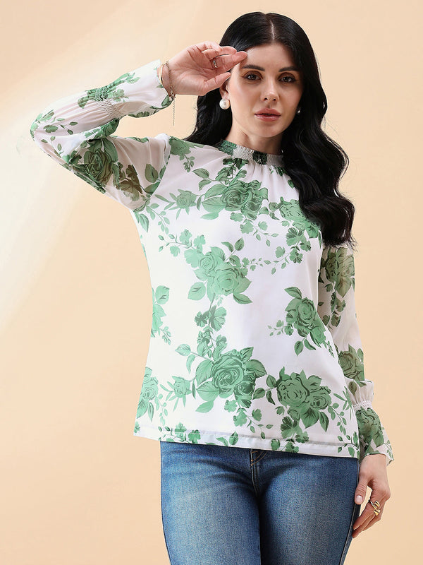 Ban-Neck Georgette Floral Top - Green/ White