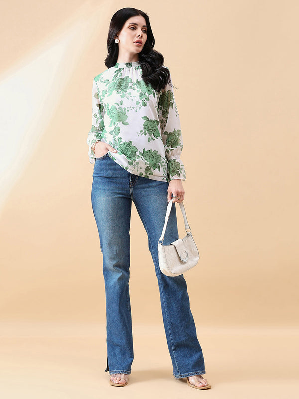 Ban-Neck Georgette Floral Top - Green/ White