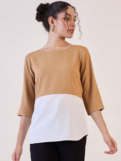 Beige And White Colourblock Top