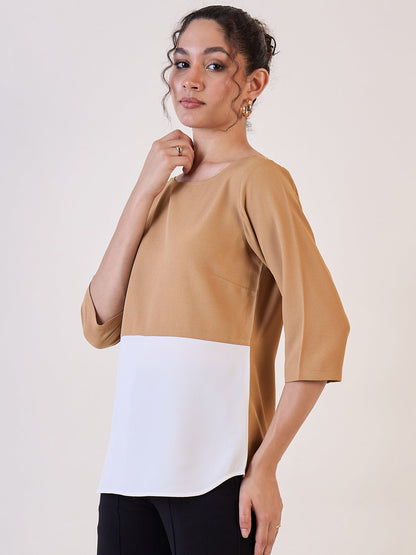 Beige And White Colourblock Top