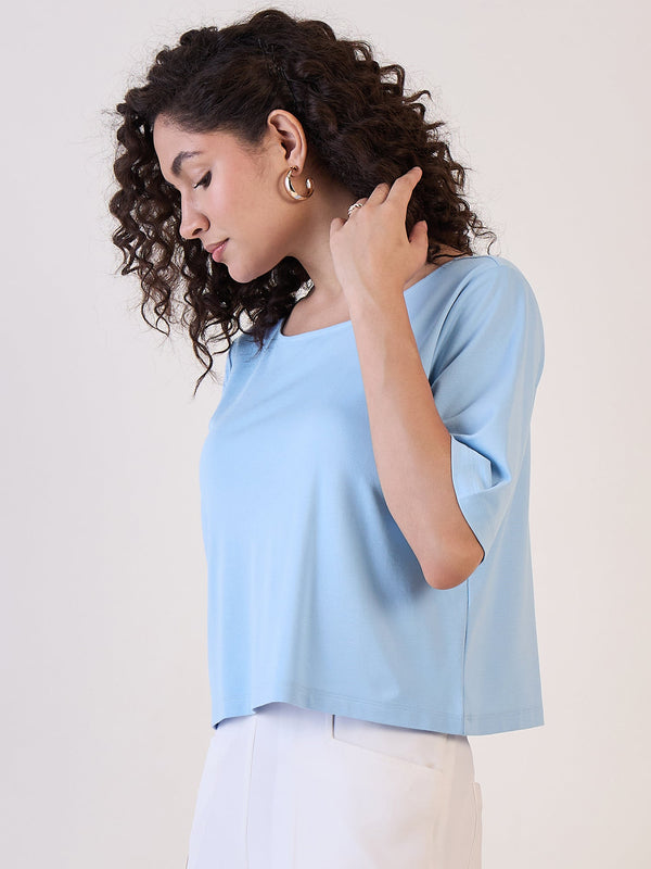 Blue Boat Neck Boxy Fit Crop Top