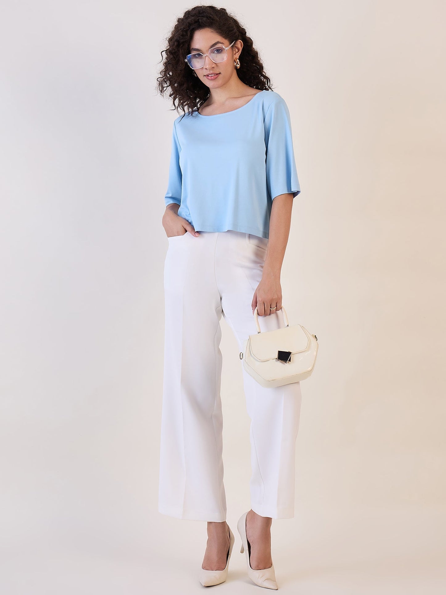 Blue Boat Neck Boxy Fit Crop Top