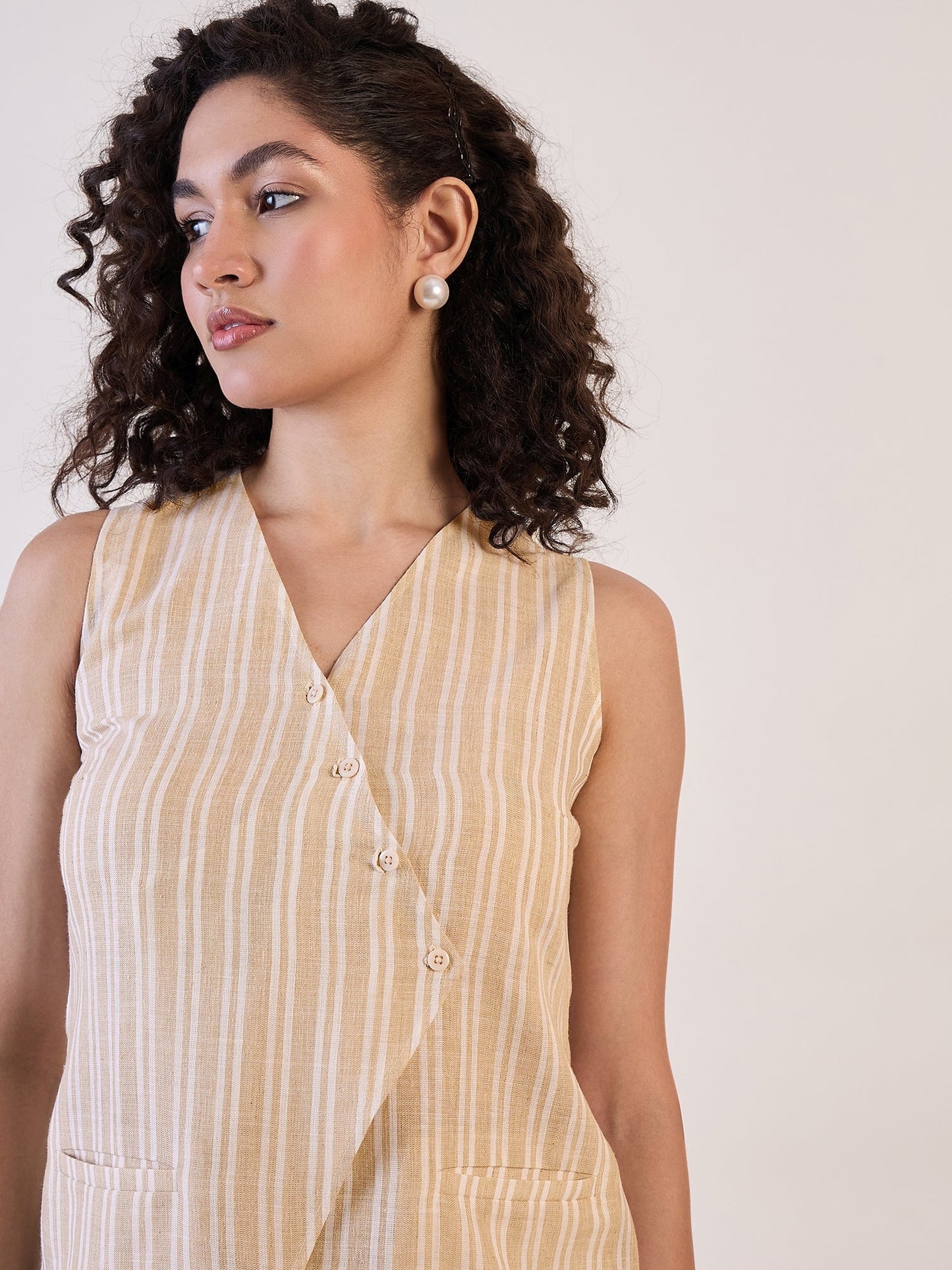 Beige Stripe Sleeveless Vest Top