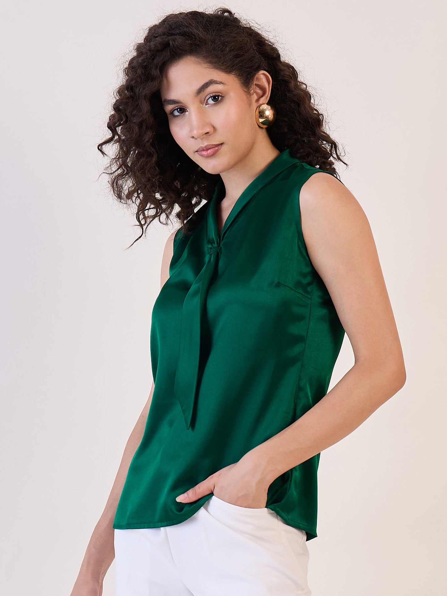 Green Satin Tie Collar Neck Top