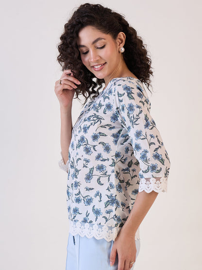 White Floral Boat Neck Top