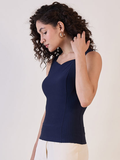 Navy Blue Sweetheart Neck Top