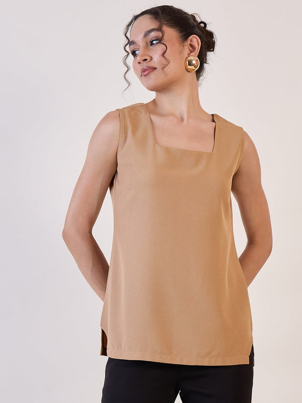 Beige Square Neck Basic Top