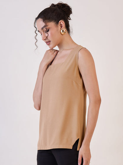 Beige Square Neck Basic Top