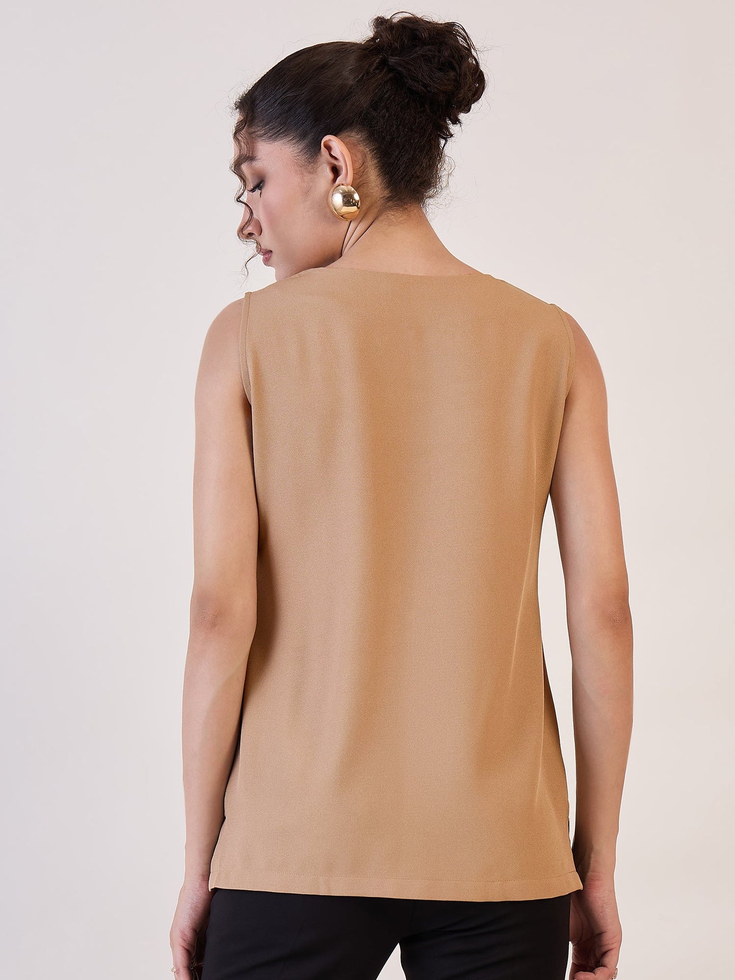 Beige Square Neck Basic Top