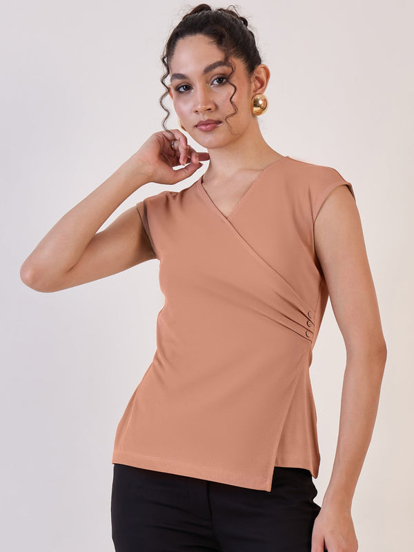 Camel Brown Wrap Knitted Regular Top