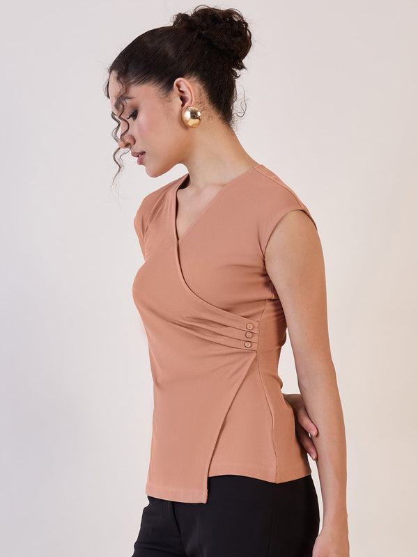 Camel Brown Wrap Knitted Regular Top