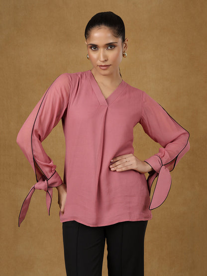 Pink Full Sleeve Piping Detail Top