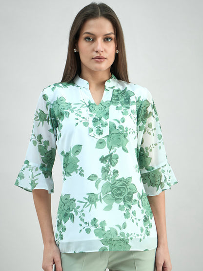 women's floral printed flared sleeve V-neck top