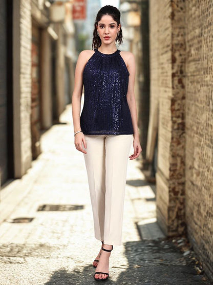 Powersutra Navy Blue Sequin Halter Camisole With Gathered Detail