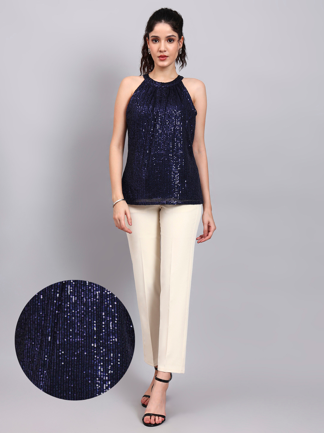 Powersutra Navy Blue Sequin Halter Camisole With Gathered Detail
