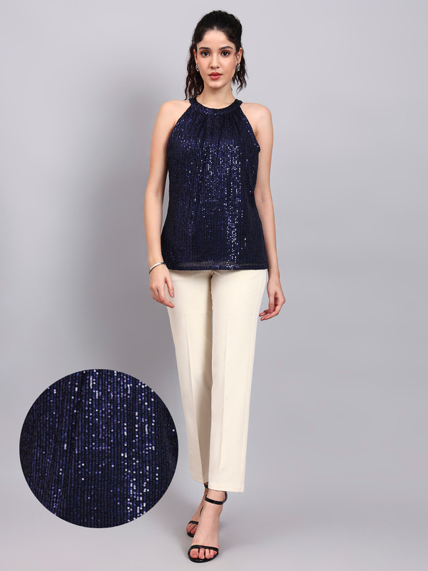 Powersutra Navy Blue Sequin Halter Camisole With Gathered Detail